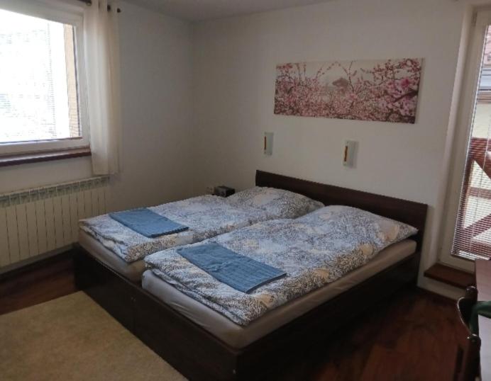 1 dormitorio con 2 camas y toallas azules. en Apartmán KATY, en Rajecké Teplice