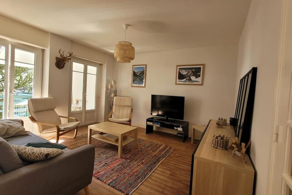 un salon avec un canapé et une télévision dans l'établissement Appartement plein Centre Cauterets, Vacances et Cures, à Cauterets