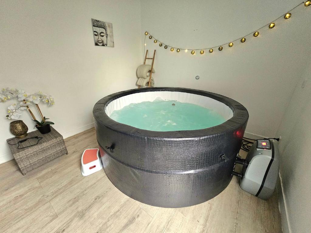 Cette chambre comprend une baignoire. dans l'établissement Le pont T3 étoilé avec jacuzzi, à Saint-Méloir-des-Ondes