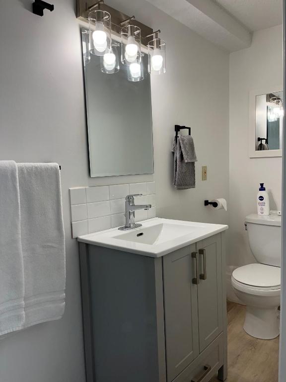 a bathroom with a sink and a toilet and a mirror at Mountain View Bed & Breakfast in Banff
