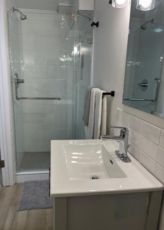 a bathroom with a sink and a shower at Mountain View Bed & Breakfast in Banff