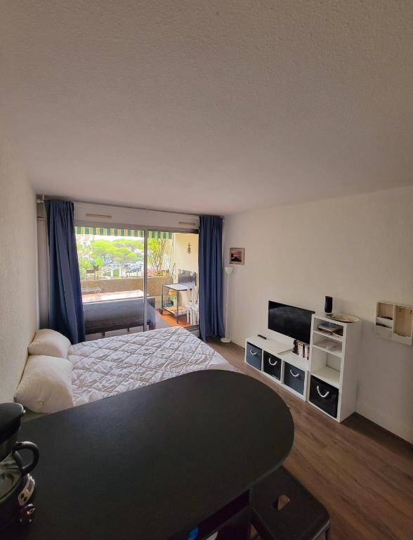 a bedroom with a bed and a table and a television at Studio 237 Port Camargue, Piscine, Climatisation, 2 personnes in Le Grau-du-Roi