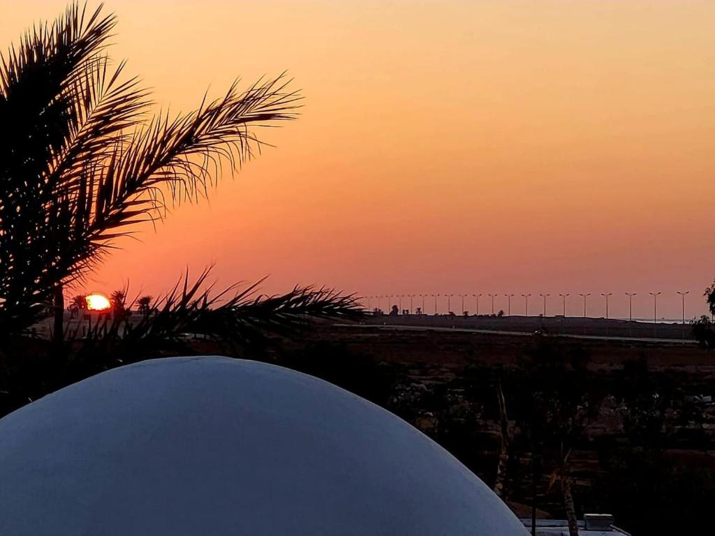 a sunset over a beach with a palm tree and a fence at Dar Cristina in Houmt Souk