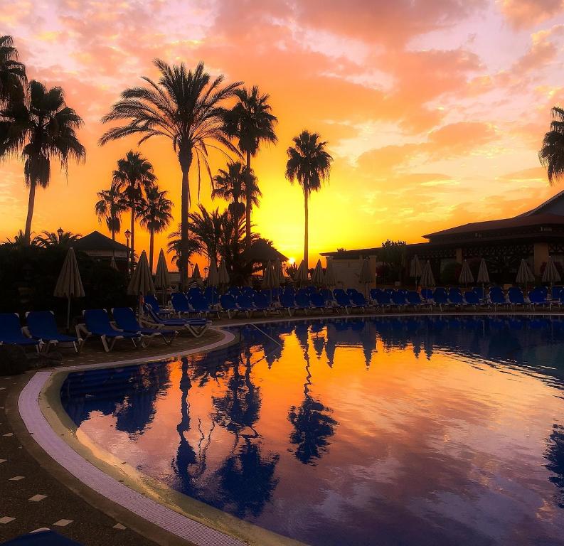 una piscina con palmeras y una puesta de sol en el fondo en Tenerife Holidays en Adeje