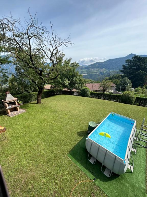 uma piscina num quintal com uma árvore e uma mesa em CA' EDDA APPARTAMENTO ANNA em Brentonico