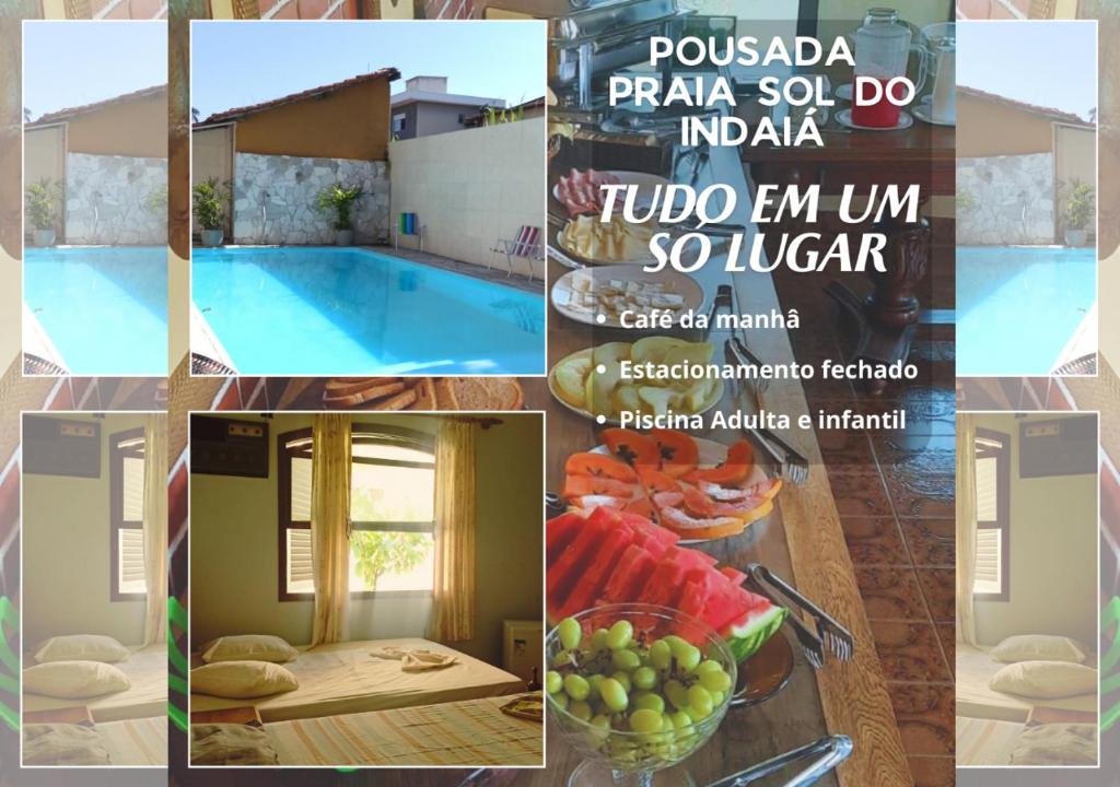 een collage van foto's met een zwembad en een bord bij Pousada Praia Sol do Indaiá in Bertioga