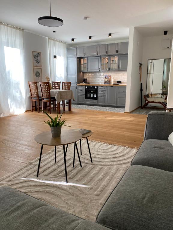 Liv'In Garden I Boutique Apartment I Szentendre في سانت إندرا: غرفة معيشة مع أريكة وطاولة