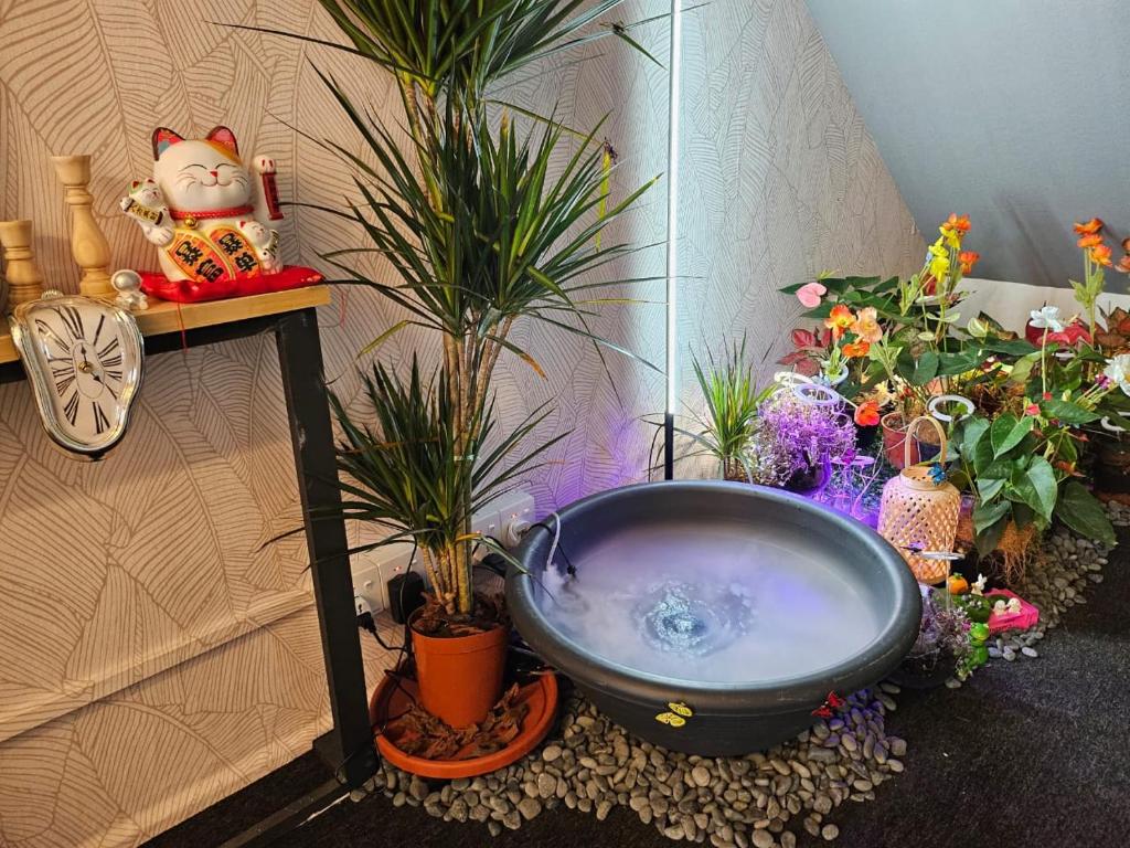 uma banheira num quarto com vasos de plantas em le melur guest house em George Town