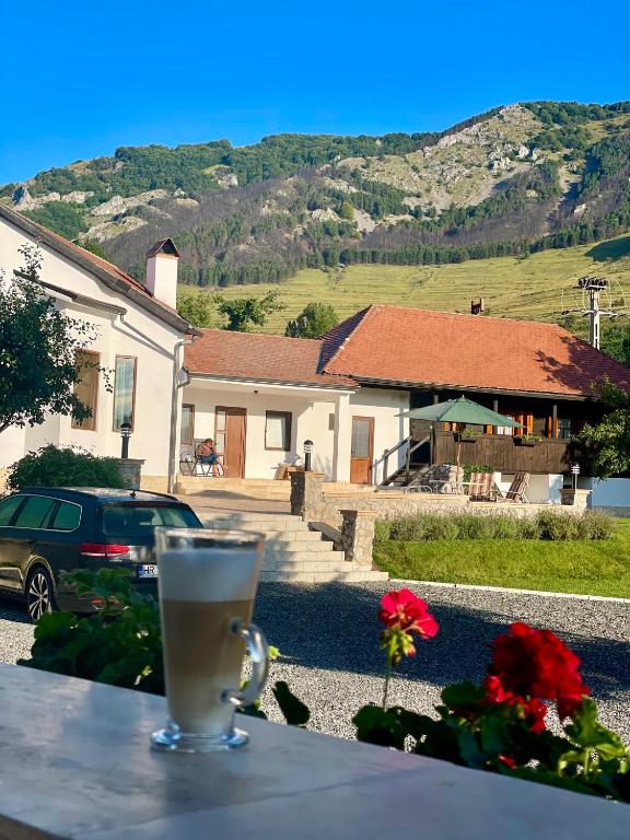 a drink sitting on a table in front of a house at Casa Izvoarele in Izvoarele