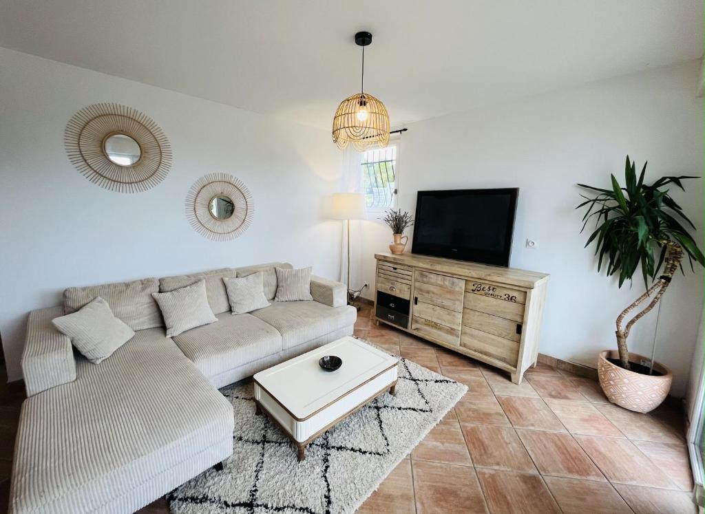 a living room with a couch and a tv at Les cigales - souplex cosy et calme in Mas-Saintes-Puelles