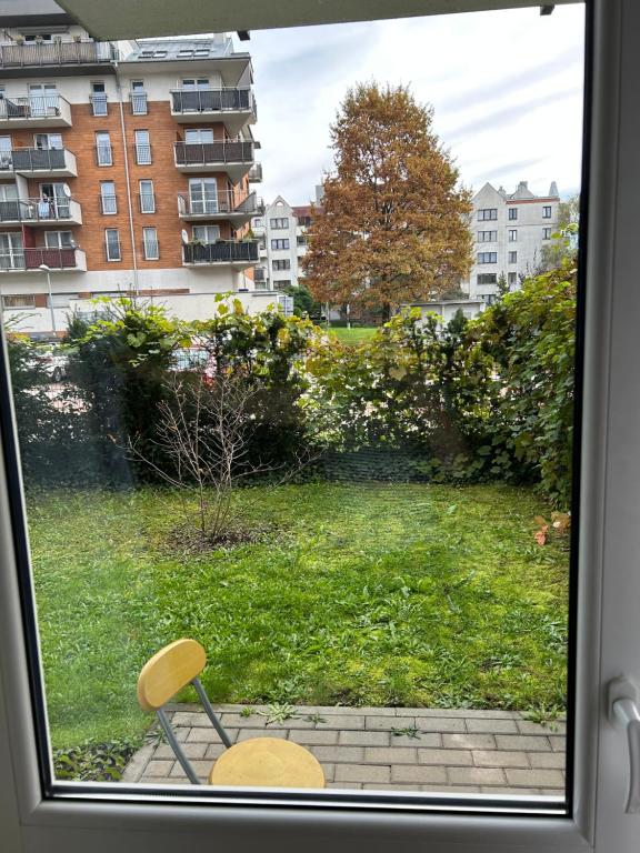 a chair sitting in front of a window at Halszki Flat in Krakow