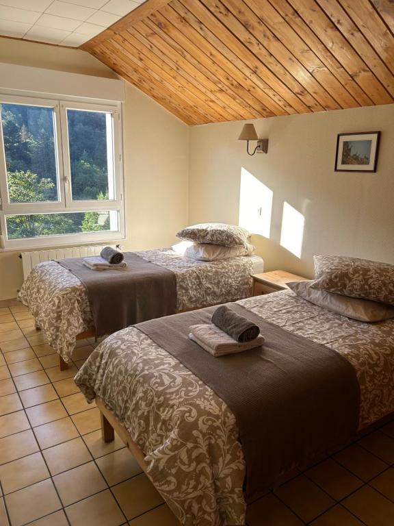 a bedroom with two beds and a window at Domaine des oiseaux in Sapois