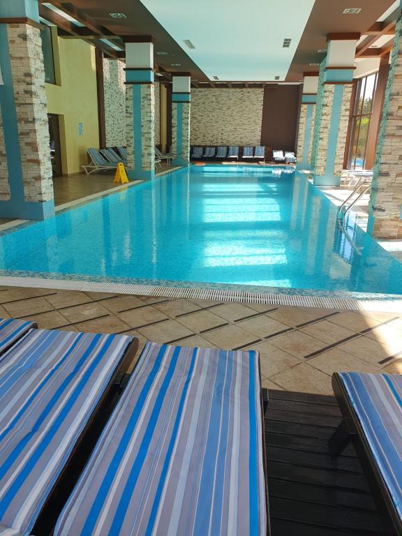 a large swimming pool with two blue benches in a building at Apartment ZAX B7 in Terra Complex in Bansko