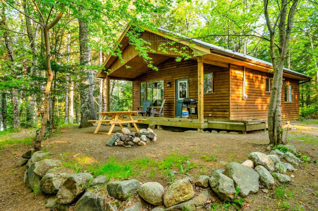 a log cabin in the woods with a picnic table at Mersey River Chalets a nature retreat in Caledonia