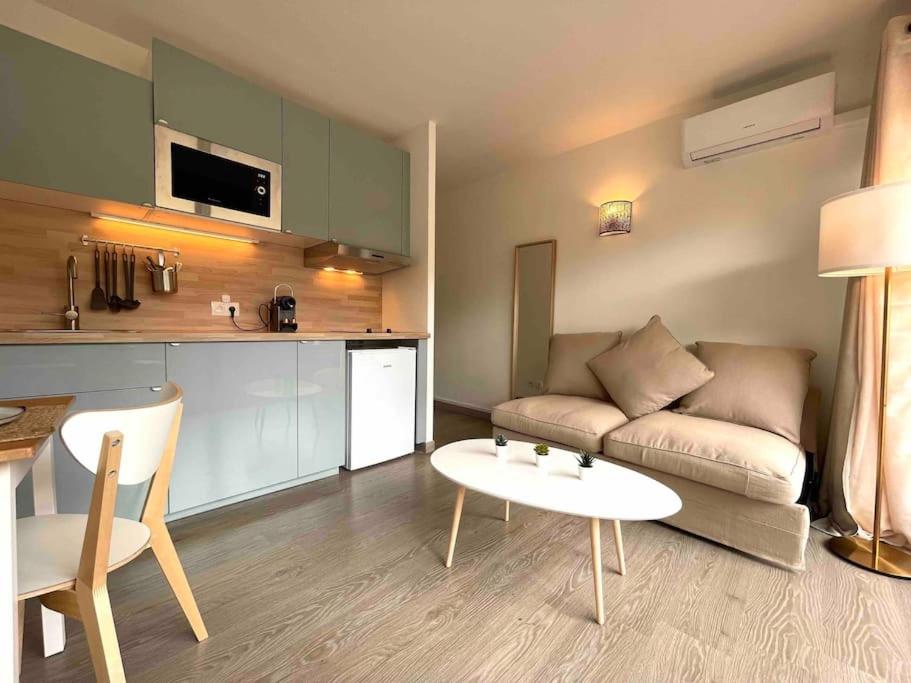 un salon avec un canapé et une table dans l'établissement Charmant Studio Beaux Arts avec Clim et terrasse, à Montpellier