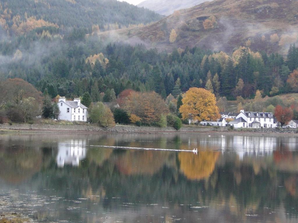 Blick auf einen See mit Häusern und Bäumen in der Unterkunft The Shore House in Lochgoilhead