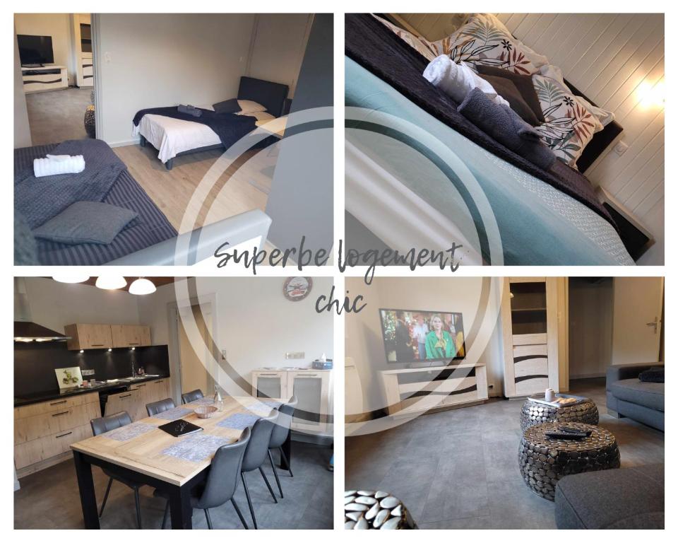 a collage of four pictures of a room with a bedroom at Appart6 Pers garage centre à 500m in La Bresse