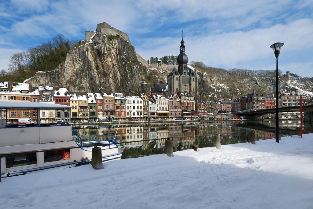 a city with a river and buildings and a mountain at ibis Dinant Centre in Dinant