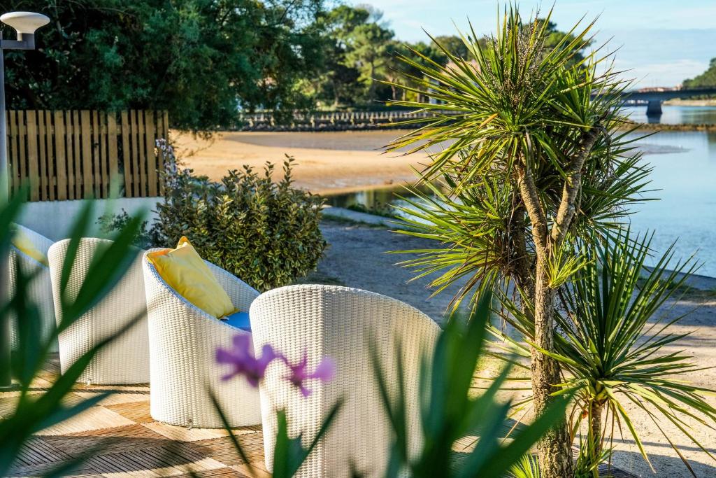 un patio con 2 sillas blancas y una palmera en Hotel Le Pavillon Bleu, en Hossegor