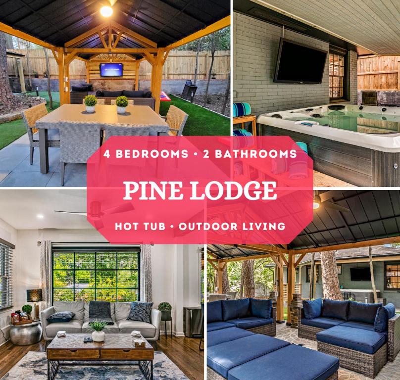 un collage de cuatro fotos de un ping lodge en Pine Lodge Atlanta - Luxe Atlanta Home Near Everything Hot Tub Patio, en Atlanta