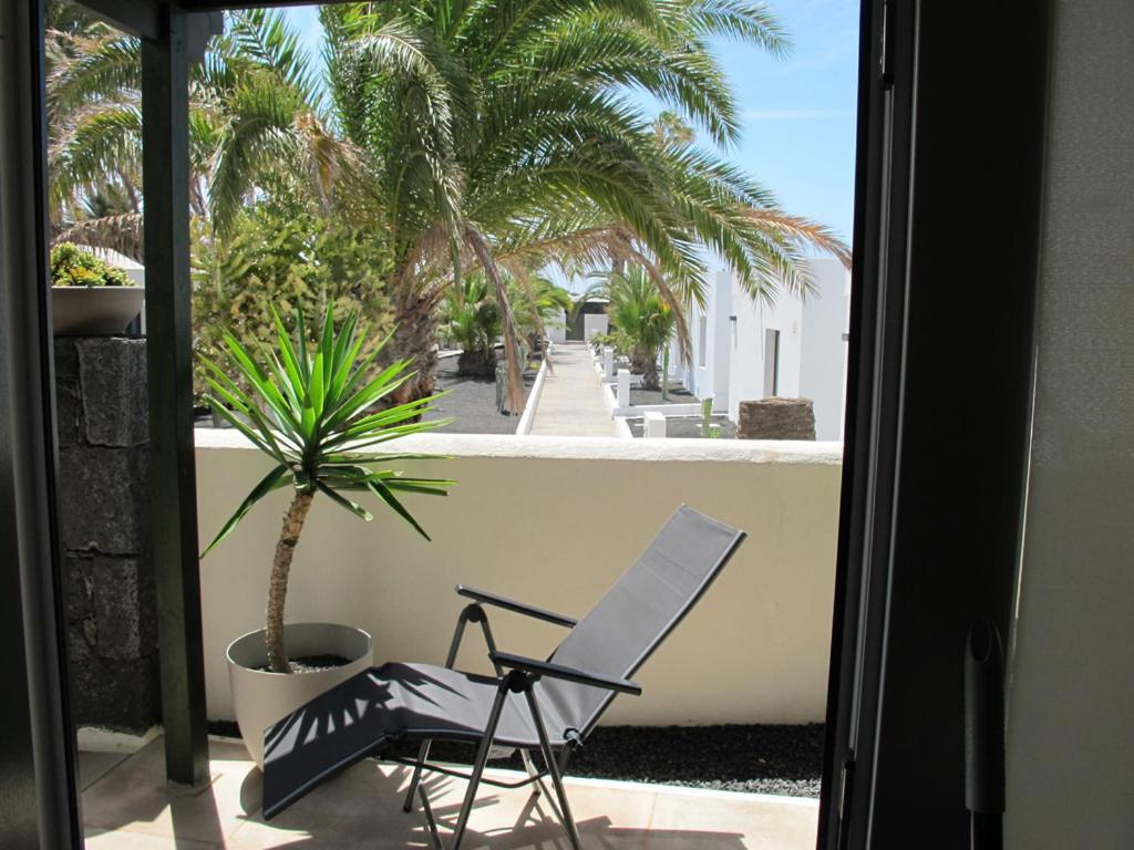 a chair sitting on a balcony with a palm tree at Bungalow LIDO-Playa Roca residence with sea front access - Free AC - Wifi in Costa Teguise