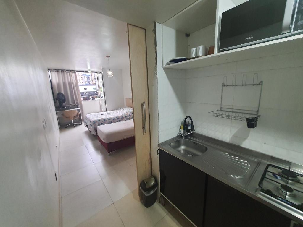 清水的住宿－kitnet Águas Claras，带水槽的厨房和1间带床的房间