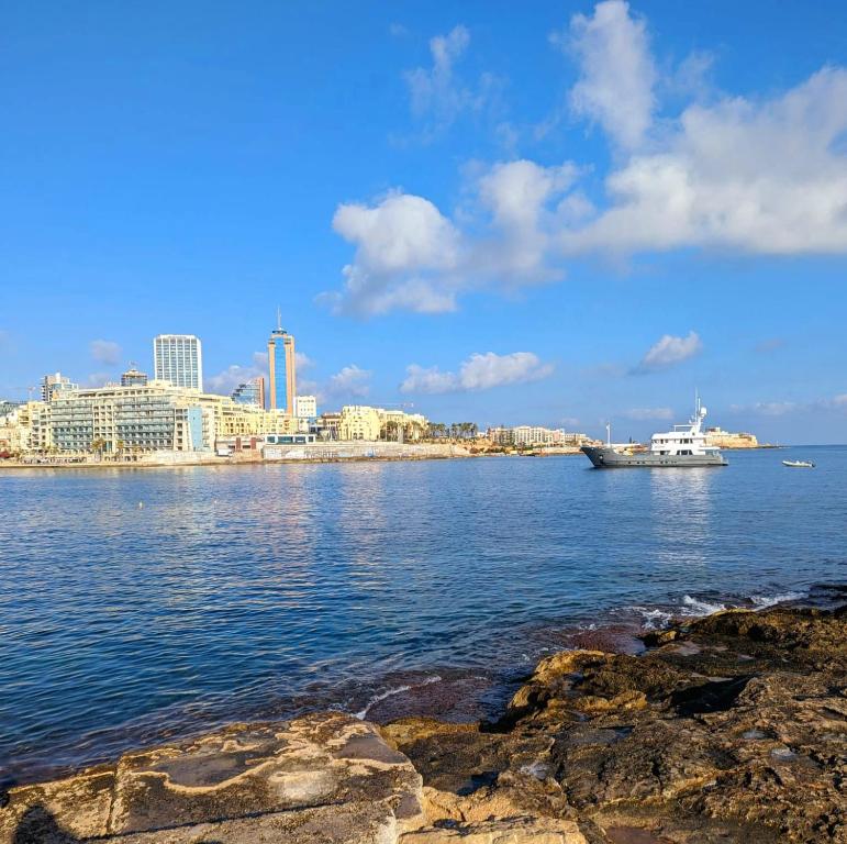 Central & 1 min walk to the sea! "The Gallery" Apartment, Sliema في سليمة: سفينة الرحلات البحرية في كمية كبيرة من المياه