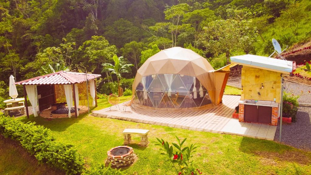 an aerial view of a tent in a yard at Las Colinas Glamping in Turrialba