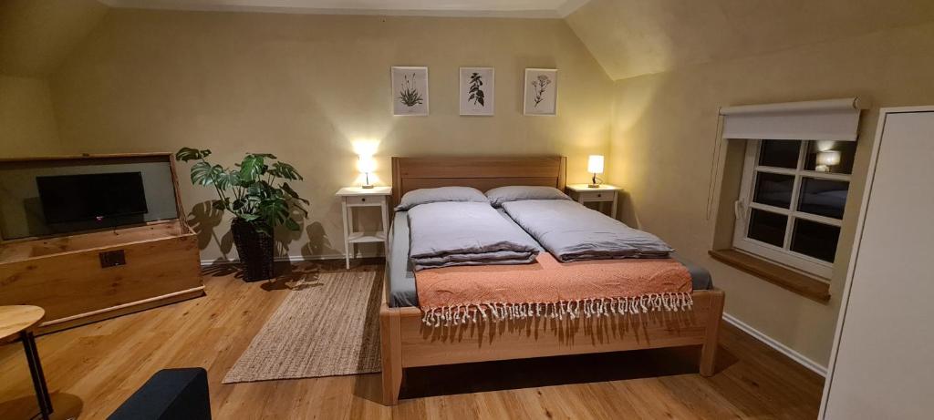 a bedroom with a bed with two pillows and a tv at Jedermanns Nest in Nümbrecht