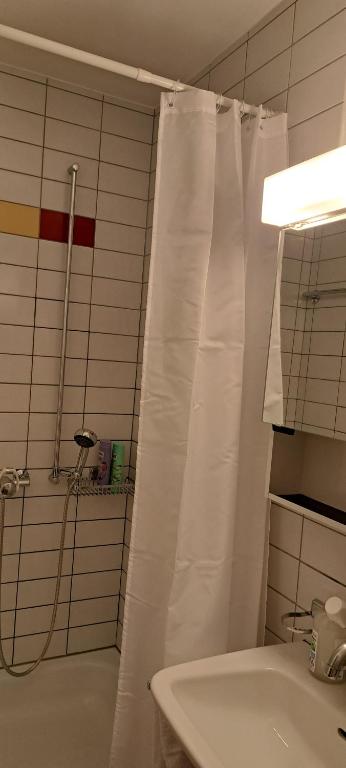 クロイツリンゲンにあるSonniges 1-Zimmerappartement mit Blick über Kreuzlingenのバスルーム(白いシャワーカーテン付きのシャワー付)