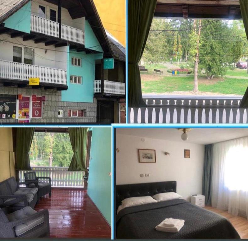 four different pictures of a bedroom and a house at Bradul in Sîngeorz-Băi