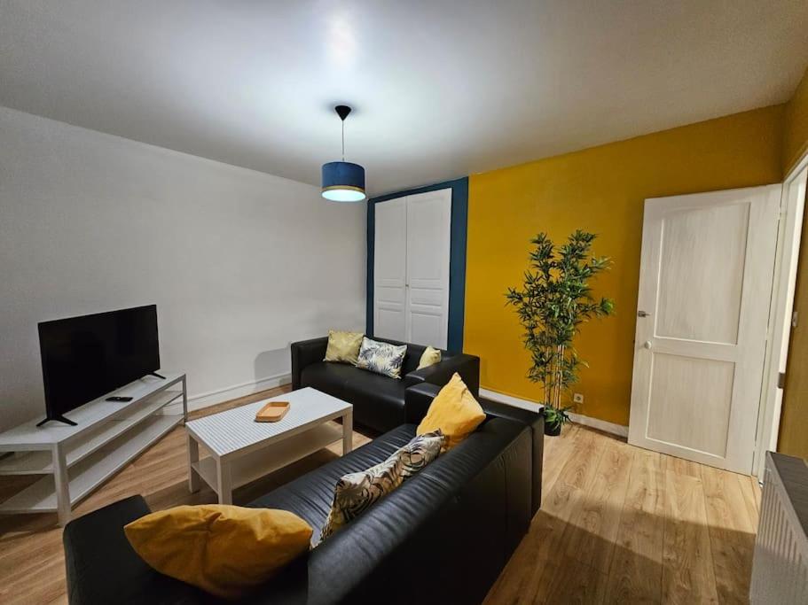 un salon avec un canapé noir et une télévision dans l'établissement Cosy T3-Hyper Centre-Netflix, à Angers
