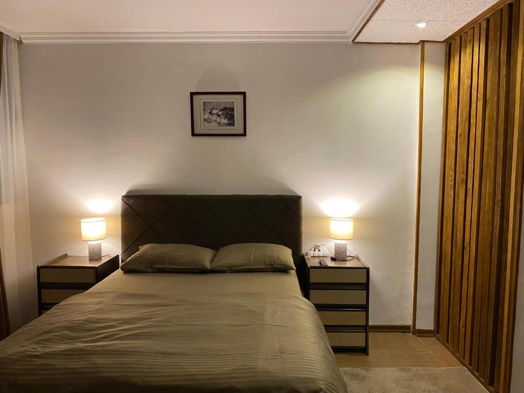 - une chambre avec un lit et 2 tables de nuit avec des lampes dans l'établissement Delta Apartman, à Podgorica