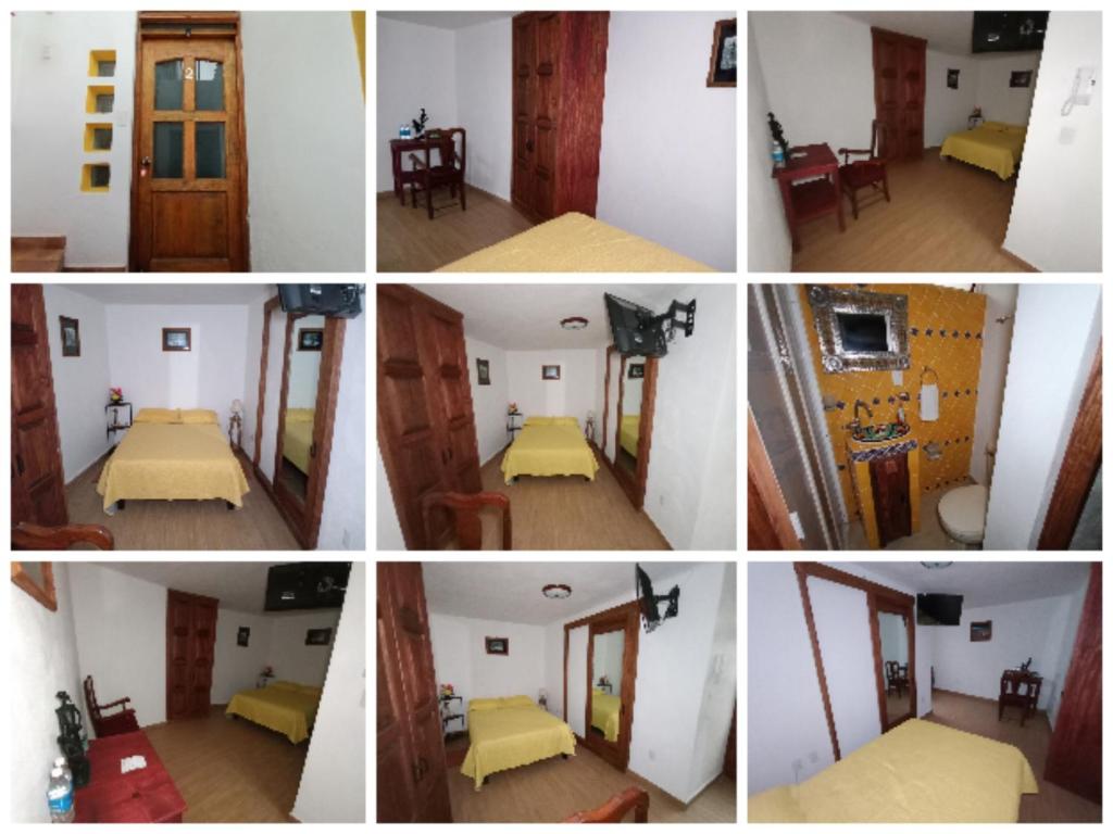 a collage of four pictures of a room at Casa Ángeles de Paxtitlàn in Guanajuato