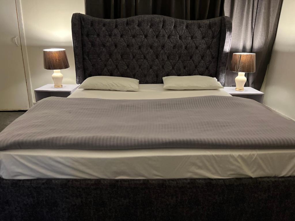 1 cama grande con cabecero grande y 2 lámparas en Two Bed Apartment F6 netflix wifi ac en Islamabad