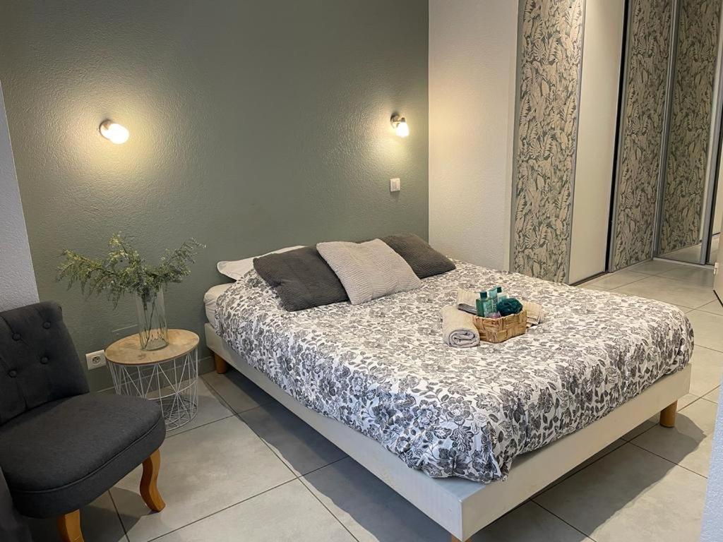 1 dormitorio con 1 cama con silla y mesa en Le Joli T2 - Agréable - Parking, en Annemasse