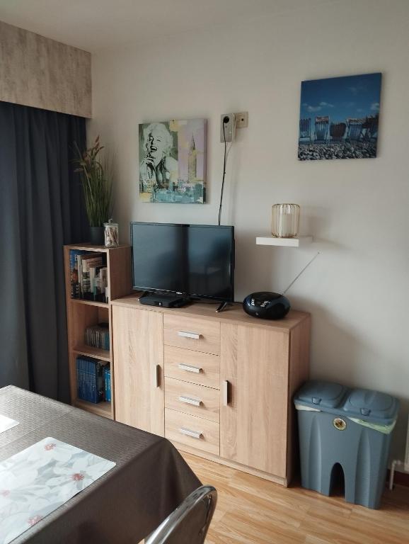 a living room with a television on a wooden cabinet at Logies Lily in Oudenburg