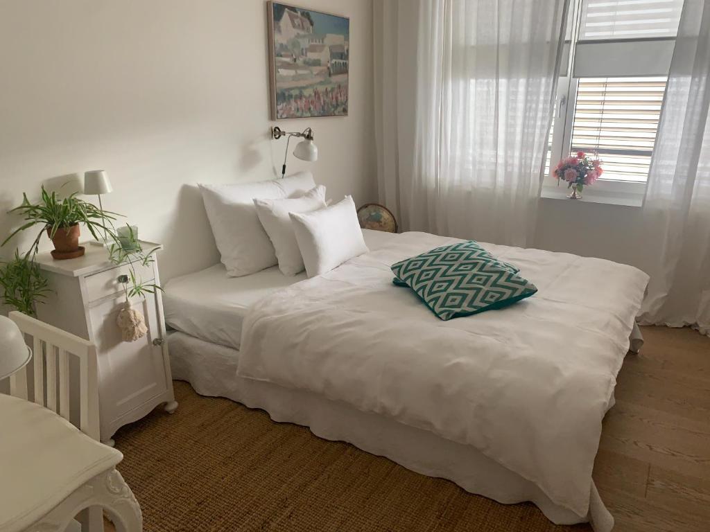 ein Schlafzimmer mit einem weißen Bett und einem Kissen darauf in der Unterkunft AVLiving City ROOM Basel B&B in Basel