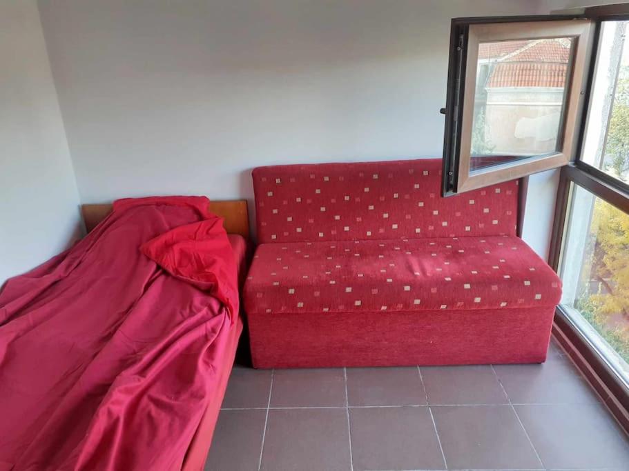 Sofá rojo sentado en una habitación con ventana en На пъпа на Варна!, en Varna