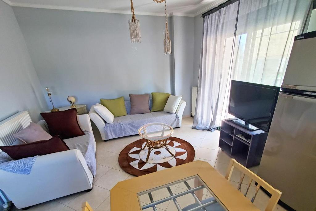 Orestiada的住宿－HOME SWEET HOME Διαμέρισμα 50τμ σε ήσυχη περιοχή，带沙发和电视的客厅