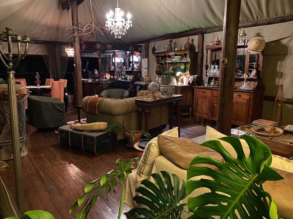 ein Wohnzimmer mit Sofas und einem Tisch in einem Zelt in der Unterkunft Out in Africa Wildlife Lodge in Dinokeng Game Reserve