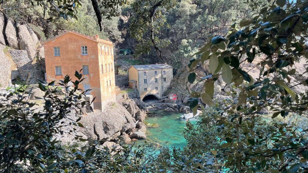 Luftblick auf ein Gebäude und einen Fluss in der Unterkunft Casa dell'Arco 31 in Camogli