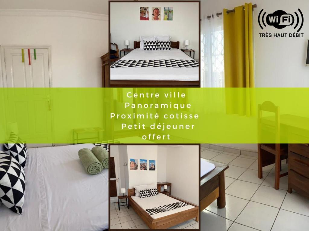 een collage van vier foto's van een slaapkamer bij VILLA ESPOIR # Joyau secret # commodités # confort # prox centre ville in Antananarivo