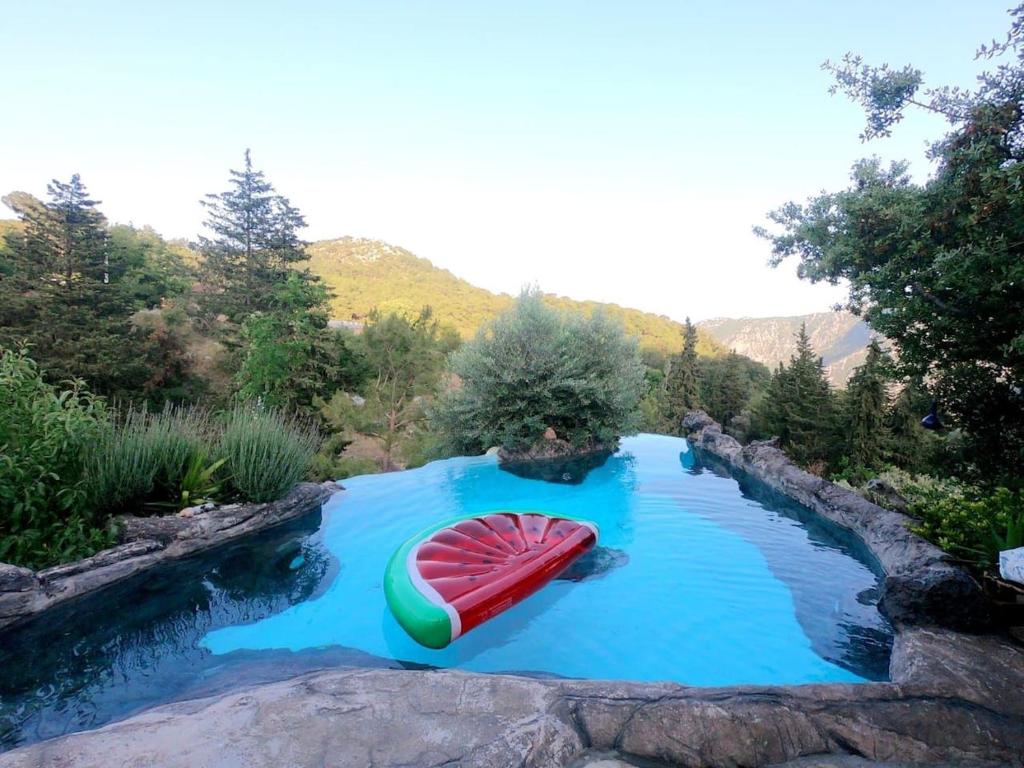 a lazy river with a boat in the middle at Villa Mutaf in Kumluca
