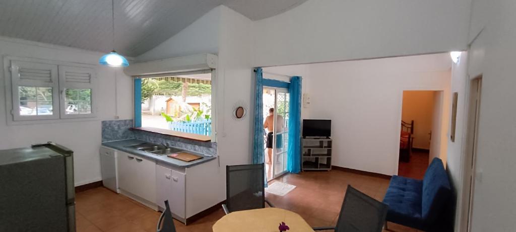 eine Küche und ein Wohnzimmer mit einer Arbeitsplatte in der Unterkunft Les Gîtes de Fond Bellemare in Case-Pilote