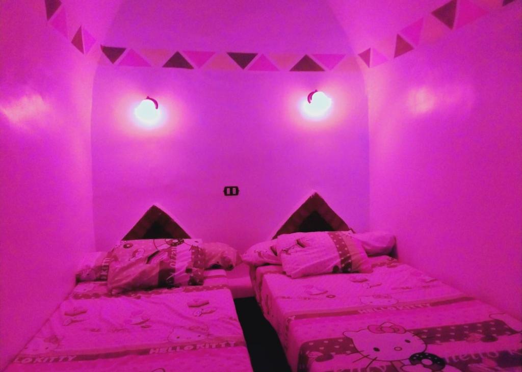 a pink bedroom with two beds and two lights at Nubian Amego Gaust House in Aswan