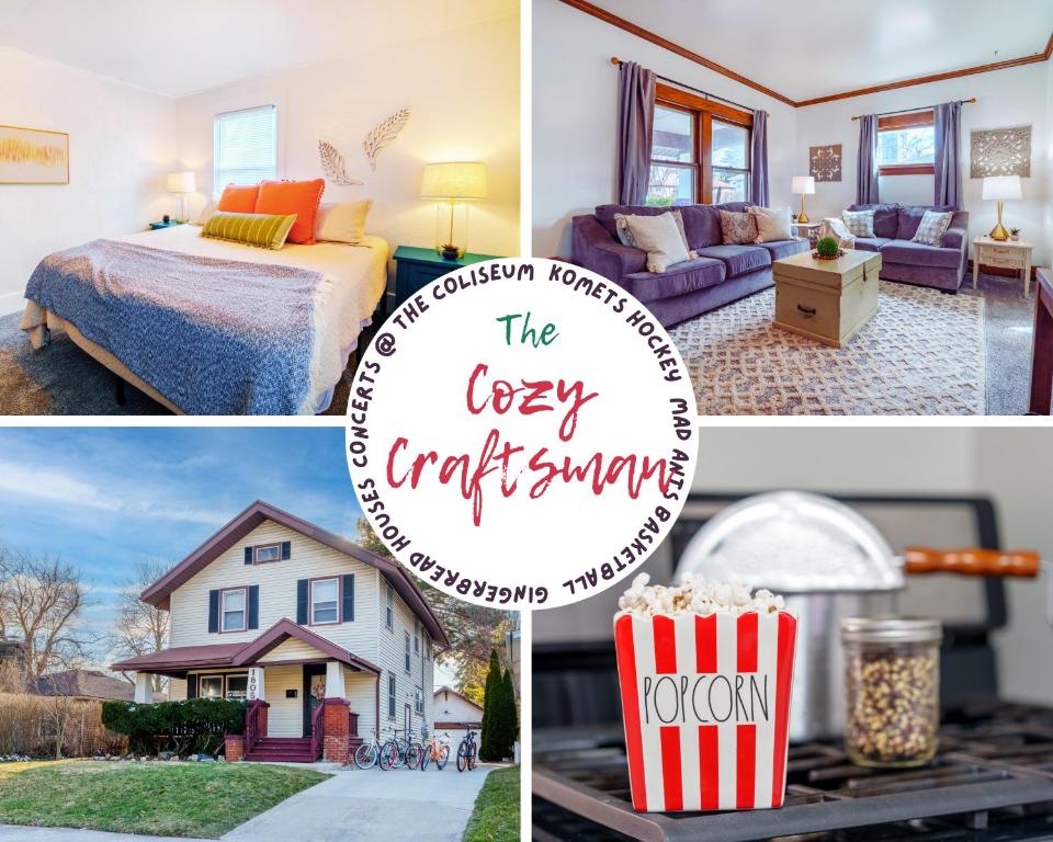 un collage de fotos de una casa con un cine en Cozy Craftsman, en Fort Wayne