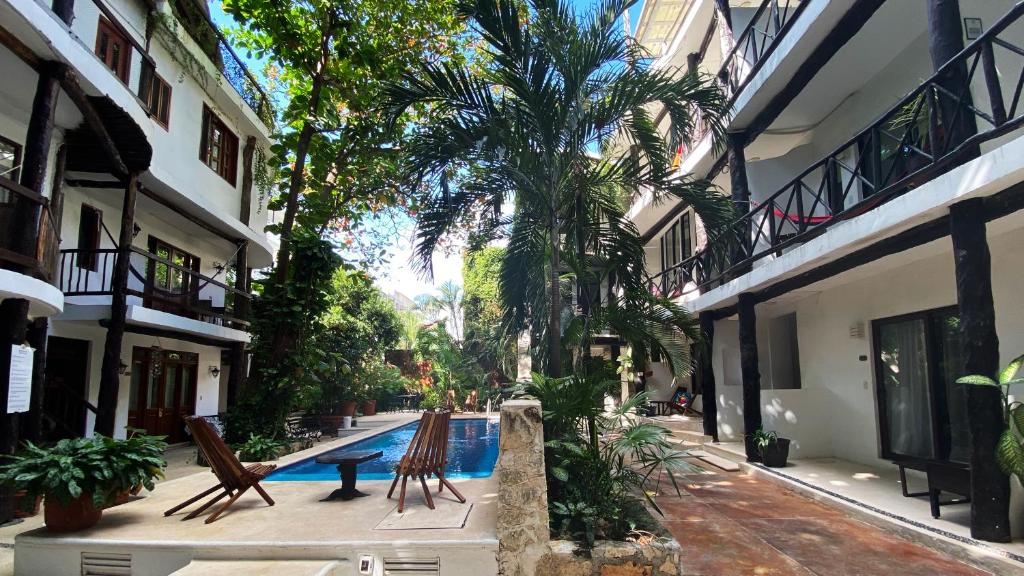 a courtyard with chairs and a swimming pool in a building at Siesta Fiesta Hotel Adults Only - 5th Avenue in Playa del Carmen
