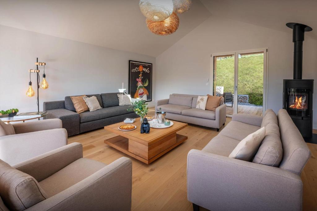 sala de estar con 2 sofás y chimenea en Villa Trois Lauriers - OVO Network en Écharvine