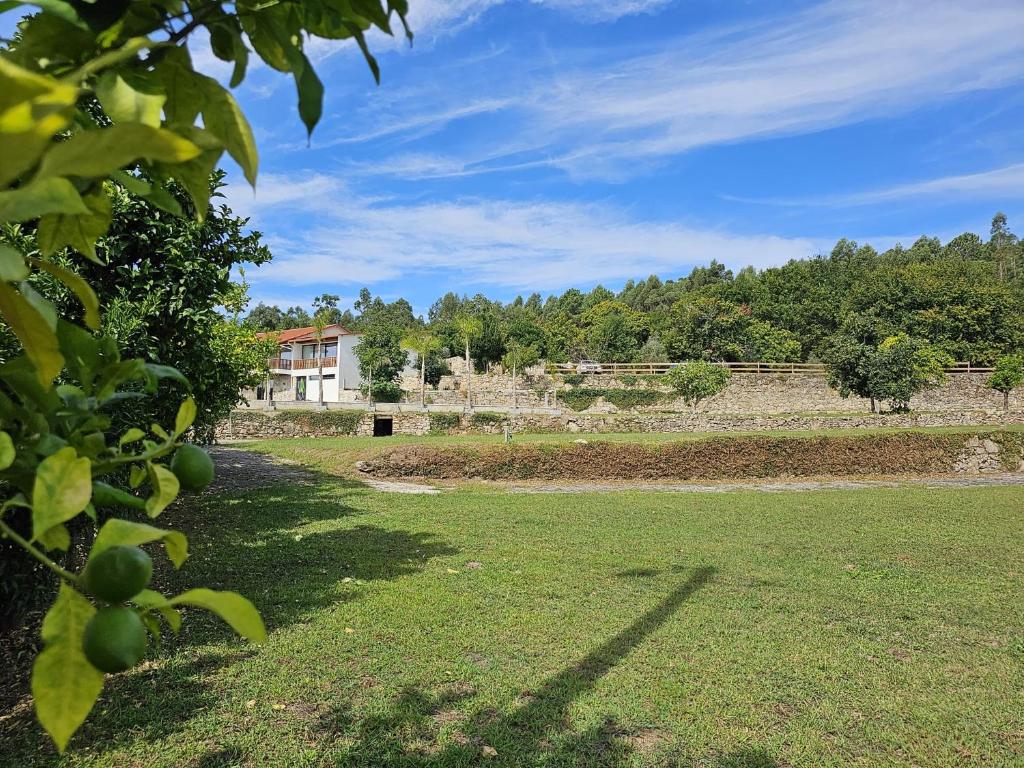 un prato verde con una casa sullo sfondo di Quinta Vilar de Lobos a Arcos de Valdevez